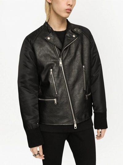 Dolce & Gabbana Contrasting-sleeve Leather Biker Jacket In Schwarz