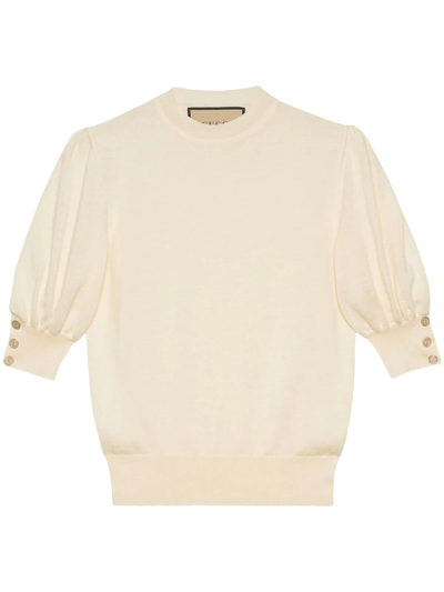Shop Gucci Puff-sleeve Fine Knit Top In Nude