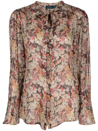 Shop Polo Ralph Lauren Floral Print Pussybow Blouse In Nude