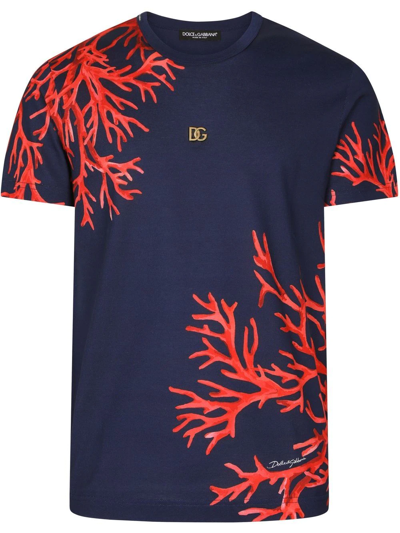 Dolce & Gabbana Coral-print Logo-patch T-shirt In Blau | ModeSens