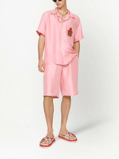 Shop Dolce & Gabbana Heraldic-patch Silk Bowling Shirt In Rosa