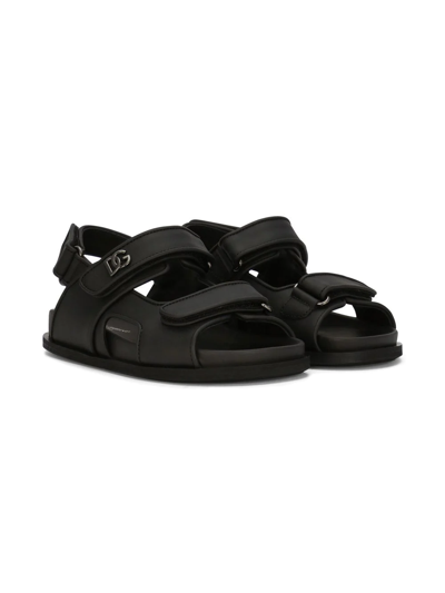 Shop Dolce & Gabbana Dg-logo Touch-strap Leather Sandals In Black