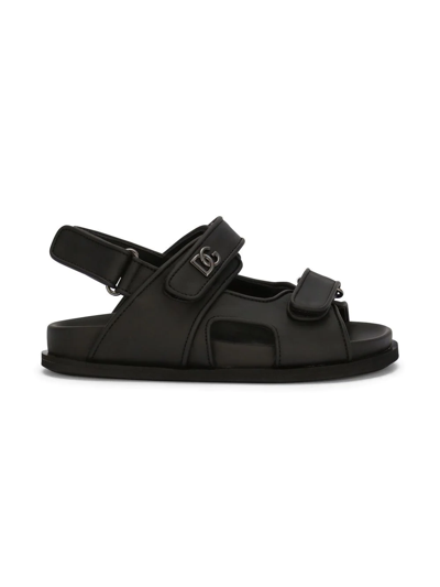 Shop Dolce & Gabbana Dg-logo Touch-strap Leather Sandals In Black