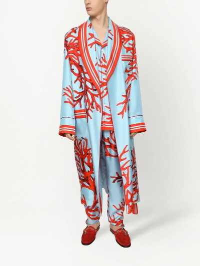 Shop Dolce & Gabbana Silk Coral-print Robe In Blue