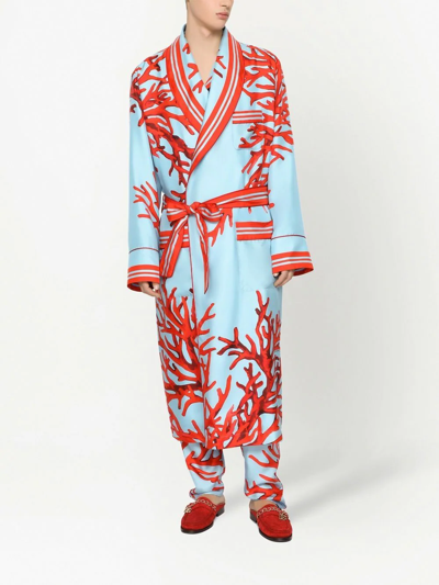 Shop Dolce & Gabbana Silk Coral-print Robe In Blue