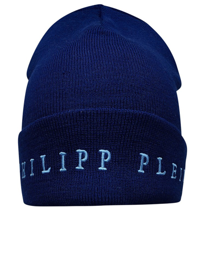 Shop Philipp Plein Logo Embroidered Knitted Beanie In Navy