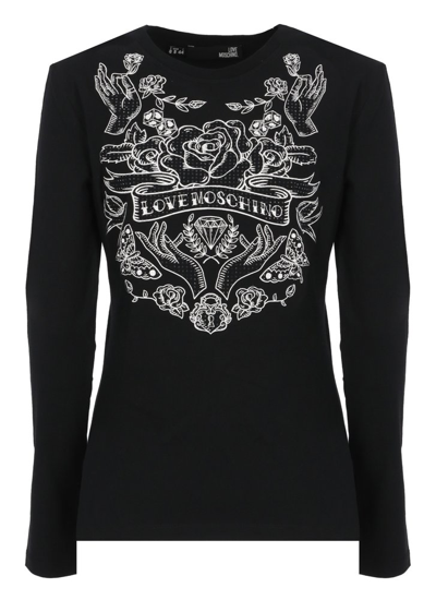 Shop Love Moschino Embellished Graphic Printed Long Sleeved T In Black