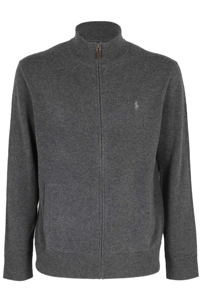 Shop Polo Ralph Lauren Pony Embroidered Zipped Knit Cardigan In Grey