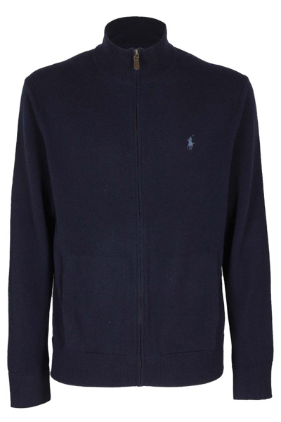 Shop Polo Ralph Lauren Pony Embroidered Zipped Knit Cardigan In Navy