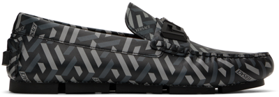 Shop Versace Gray La Greca Loafers In 5b050 Nero+grigio