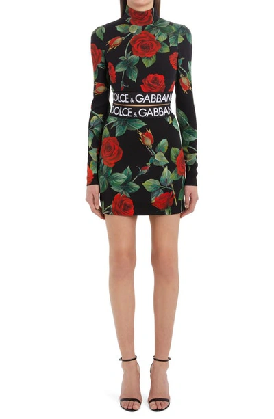 Shop Dolce & Gabbana Rose Print Stretch Silk Skirt In Hn2zo Rose Fdo Nero