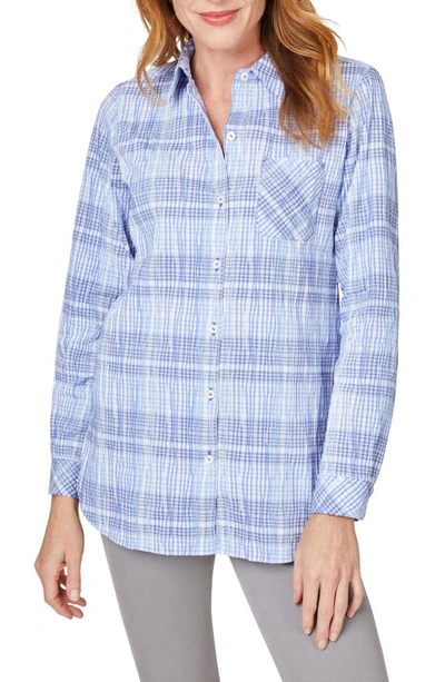 Shop Foxcroft Germaine Plaid Non-iron Button-up Tunic Shirt In Iris Bloom