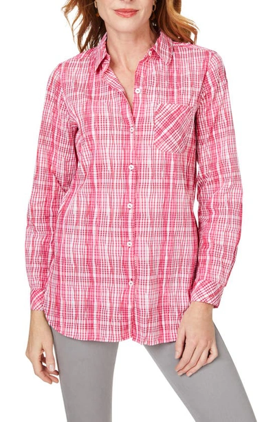Shop Foxcroft Germaine Plaid Non-iron Button-up Tunic Shirt In Rose Red