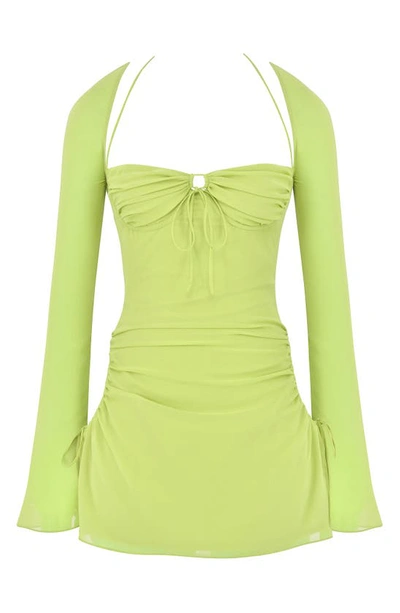 House Of Cb Baby Halter Long Sleeve Minidress In Lime