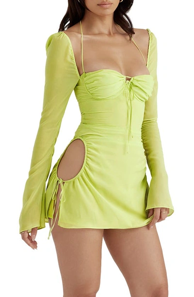 House Of Cb Baby Halter Long Sleeve Minidress In Lime