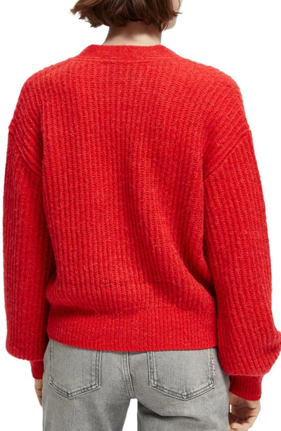 Shop Scotch & Soda Blouson Sleeve Ribbed Cardigan In Electric Red