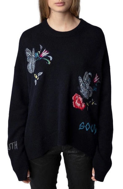 Shop Zadig & Voltaire Markus Embroidered Cashmere Sweater In Encre