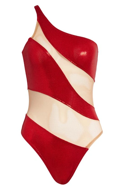Shop Norma Kamali Snake Mesh One-shoulder One-piece Swimsuit In Tiger Red/ Nude Mesh