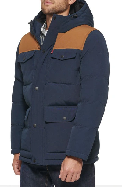 Shop Levi's Arctic Cloth Heavyweight Parka Jacket In Navy/ Worker Brown