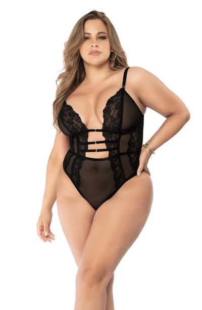Shop Mapalé Lace & Mesh Teddy With Garter Straps In Black