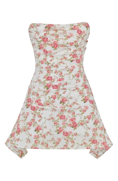 Shop House Of Cb Jasmine Strapless Satin Corset Dress In Rose Print