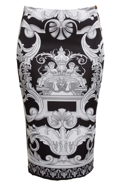 Shop Versace Baroque Print Cutout Stretch Jersey Midi Skirt In Black White