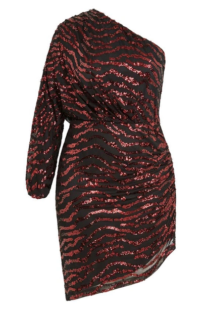 City Chic Sequin Stripe One-shoulder Long Sleeve Dress In Ruby