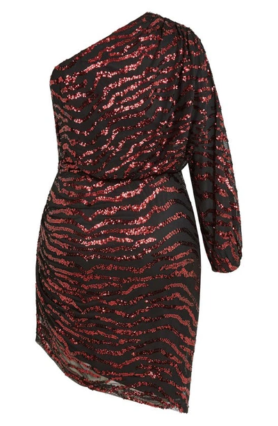 City Chic Sequin Stripe One-shoulder Long Sleeve Dress In Ruby