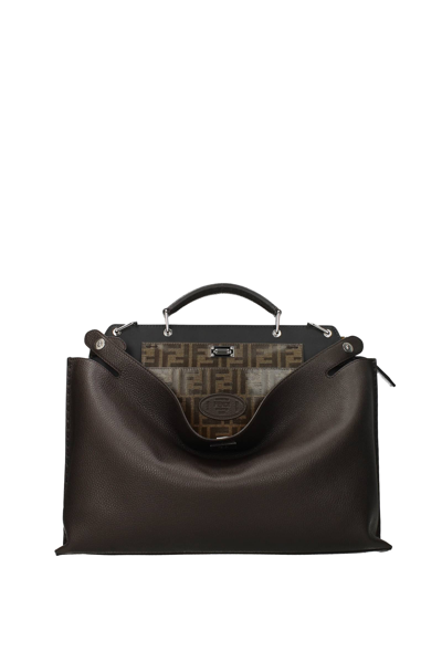 Shop Fendi Handbags Peekaboo Essential Leather Ebony In Brown