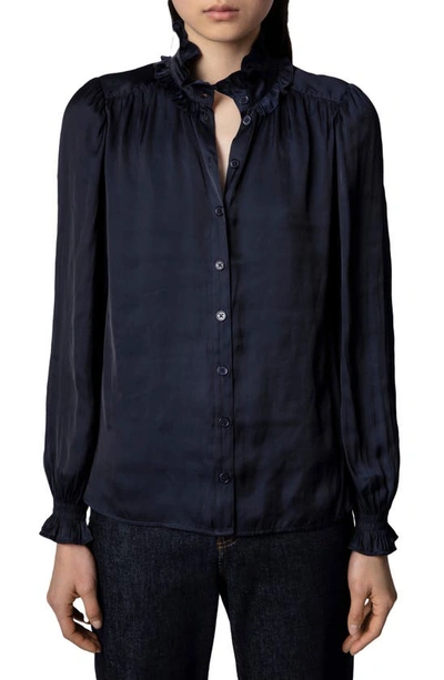 Shop Zadig & Voltaire Tacca Satin Ruffle Button-up Blouse In Encre