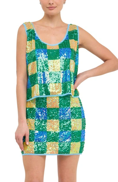 Endless Rose Sequin Check Tank In Blue Multi