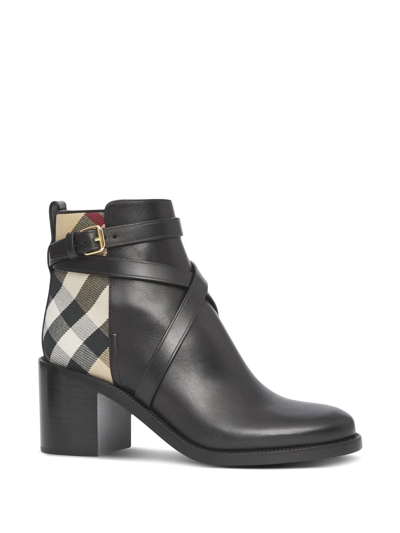 Burberry Pryle Check-print Leather Heeled Ankle Boots In Black