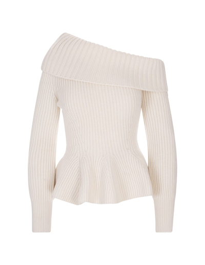 Shop Alexander Mcqueen Woman Ivory One Shoulder Sweater With Ruffles