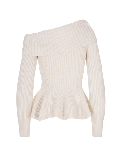 Shop Alexander Mcqueen Woman Ivory One Shoulder Sweater With Ruffles