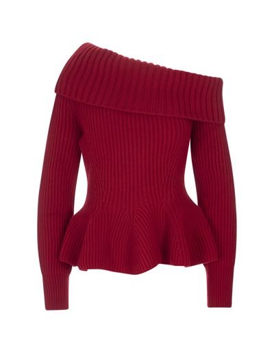 Shop Alexander Mcqueen Woman Red One Shoulder Sweater With Ruffles In Welsh Red