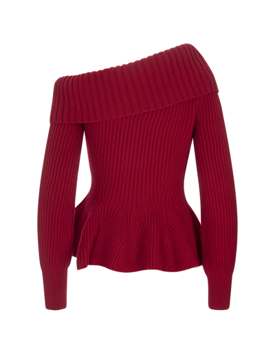 Shop Alexander Mcqueen Woman Red One Shoulder Sweater With Ruffles In Welsh Red