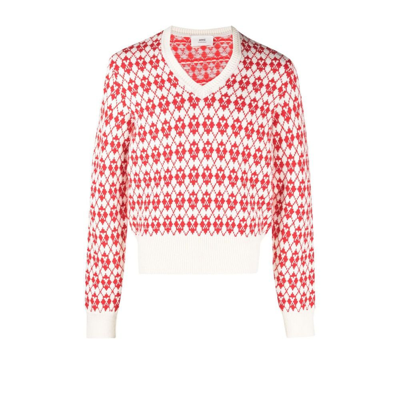 Shop Ami Alexandre Mattiussi Ivory And Red Logo Jacquard Sweater In Neutrals