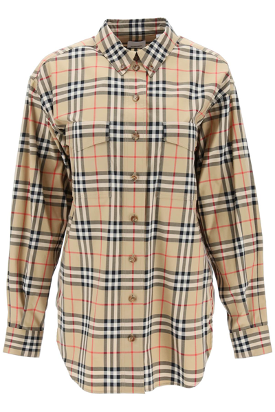 Shop Burberry Vintage Check Icon Stripe Button-down Shirt In Beige