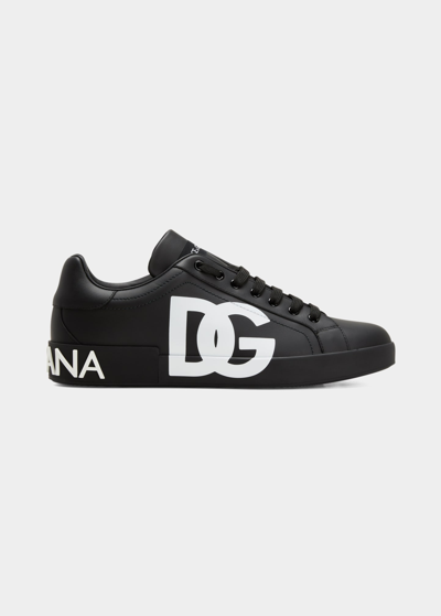 Shop Dolce & Gabbana Men's Portofino Leather Low-top Sneakers In Black