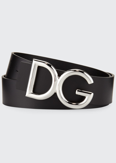 Shop Dolce & Gabbana Men's Leather Belt With Logo-plate Buckle In Black