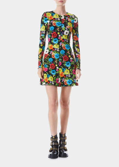 Shop Alice And Olivia Delora Long-sleeve Paneled Floral Mini Dress In Flower Garden Lg