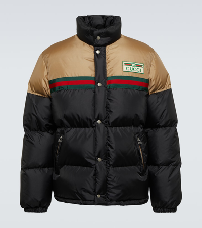 Shop Gucci Web Stripe Satin Down Jacket In Alluvium/mix