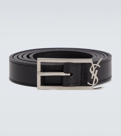 Shop Saint Laurent Cassandre Leather Belt In Black