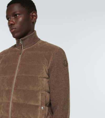 Shop Moncler Down-paneled Wool Cardigan In Brown