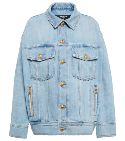 Shop Balmain Embellished Oversized Denim Jacket In 6fc Bleu Jean Clair