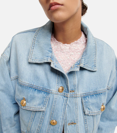 Shop Balmain Embellished Oversized Denim Jacket In 6fc Bleu Jean Clair