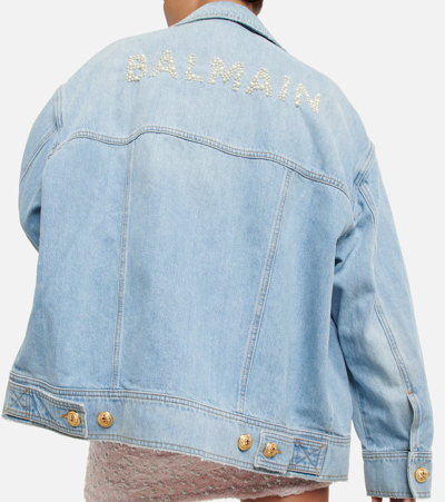 Shop Balmain Embellished Oversized Denim Jacket In 6fc Bleu Jean Clair