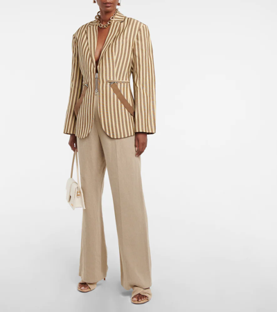 Shop Jacquemus La Veste Filu Striped Belted Blazer In Beige Brown Stripes