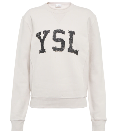 Shop Saint Laurent Logo Cotton Sweatshirt In Dirty Ecru/noir