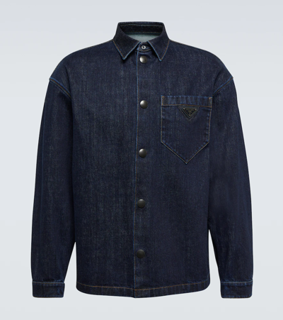 Shop Prada Logo Denim Shirt In Blue